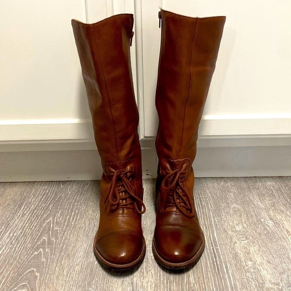 ❌SOLD❌Matisse Cognac Tall Leather with Lace Up Riding Boots Wide Stretch Leg - Picture 5 of 17
